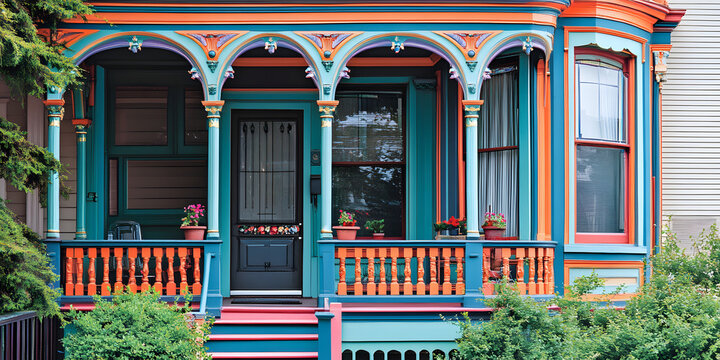 Casa de estilo vitoriano com detalhes coloridos e janelas de bay.