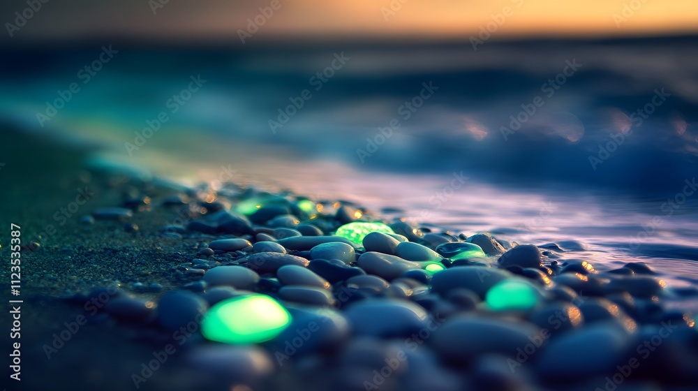 Poster ethereal glow of bioluminescent pebbles on a serene beach at sunset with soft waves and vibrant colo