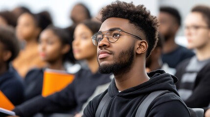 Fototapeta premium young man with glasses focuses intently on the instructor during a lecture in a classroom filled with diverse students. atmosphere emphasizes learning and engagement