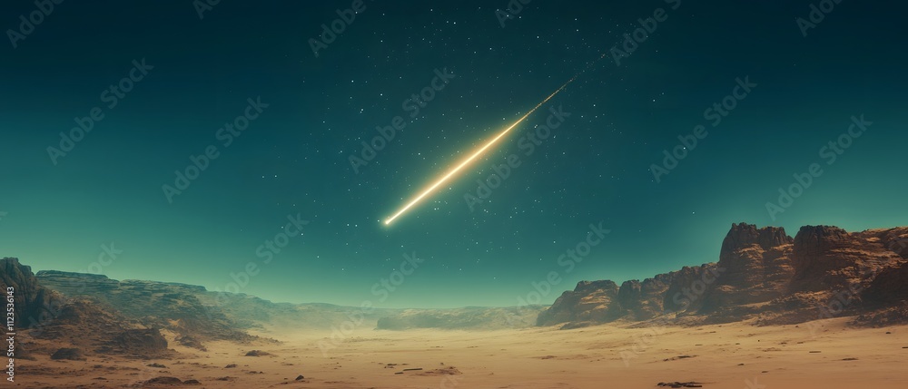 Poster stunning meteor shower over desert landscape with starry sky and unique rock formations illuminated 