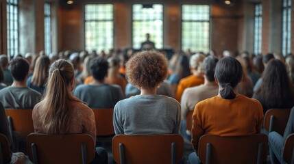 Obraz premium diverse crowd of attendees sits quietly, facing a speaker at the front of an airy, modern venue. Sunlight streams through large windows, creating a focused atmosphere for the presentation