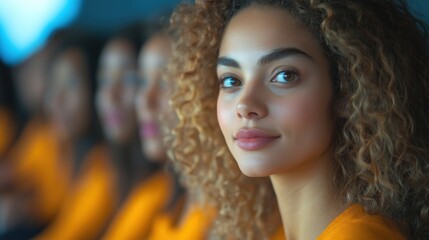 Fototapeta premium young woman with beautiful curly hair looks warmly at the camera while seated among a group of others in matching outfits. atmosphere is lively and engaging at this contemporary event
