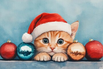 Cute ginger kitten with a Santa hat surrounded by colorful Christmas ornaments.
