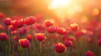 Fototapeta premium Bright red flowers fill the foreground as sunlight gently illuminates the field, creating a peaceful atmosphere during the golden hour in a serene landscape
