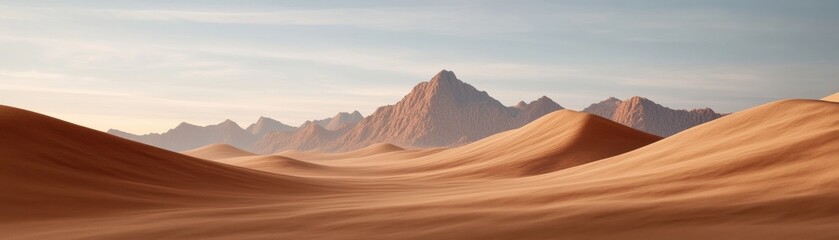 Obraz premium A serene desert landscape features rolling sand dunes and distant mountains under a calm sky, showcasing the beauty of nature's arid environments.