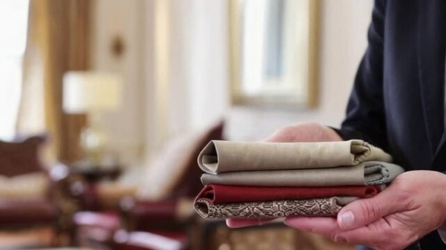 Interior Decorator Holding Fabric Samples &ndash; Close-Up Elegant Showroom Background