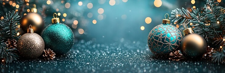 Fototapeta premium Blue Christmas ornaments with pine branches, snowflakes, and pinecones on a dark green background Generative AI