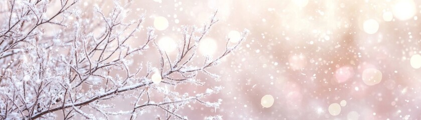 Naklejka premium Snow-Covered Branches Soft Pink Winter Bokeh, Close-up Composition, Winter Wonderland Concept, Winter, Nature Winter, Holiday