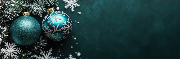 Blue Christmas ornaments with snow-covered pine branches, pinecones, and intricate snowflakes on a green background Generative AI