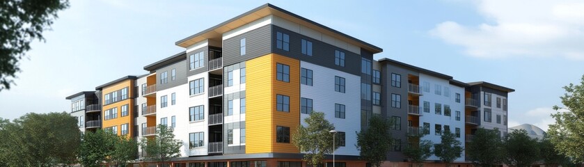 Modern Apartment Building Architectural Rendering Multi-Colored Exterior, 3D Model, Residential Design Apartment building, architectural visualization