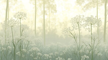 Obraz premium Misty Meadow Soft Green Forest Landscape, Floral Composition, Pastel Palette, Botanical Art Keywords Wall Art, Nature Print