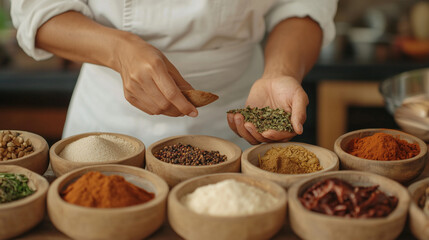 Aspiring chef experimenting with spices in home kitchen