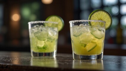 Two lime cocktails with salt rims on wooden table