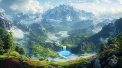 Scenic view of a majestic mountain range with a lush green valley and winding river, rendered with vivid colors and a breathtaking perspective.