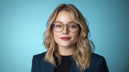 Fototapeta premium Portrait of a young woman with blonde wavy hair and glasses against a light blue background.