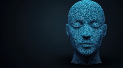 Obraz premium Abstract representation of a serene human head composed of tiny blue particles against a dark background, illustrating the blend of art and technology in modern design.