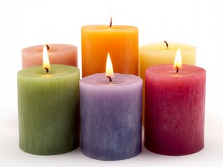 A Colorful Arrangement of Lit Pillar Candles on White
