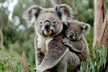 Obraz premium Mother koala and her joey share a tender moment on a tree branch in their lush habitat