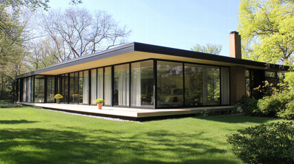 modern glass house surrounded by lush greenery, featuring floor to ceiling windows, flat roof, and minimalist design. serene environment enhances its architectural elegance