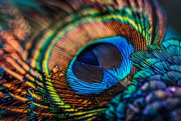 Obraz premium A peacock feather displays a mesmerizing array of vivid colors and intricate textures, highlighting the stunning artistry of nature in close-up form.