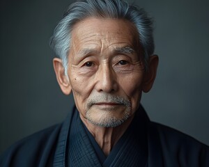 Obraz premium portrait of a senior man A tall, elderly judoka with a solemn demeanor and a ragged body. smooth background Senior Judoist Kneeling