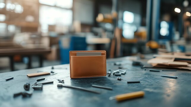 A leather wallet on a workbench surrounded by tools and materials.