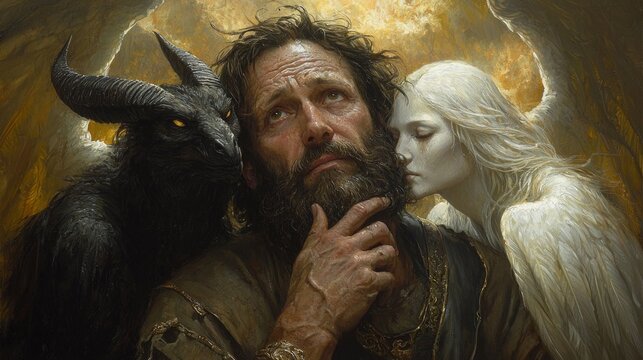 man stands thoughtful expression as black devil rests his left shoulder and white angel his right both whispering dramatic light apocalyptic backdrop.