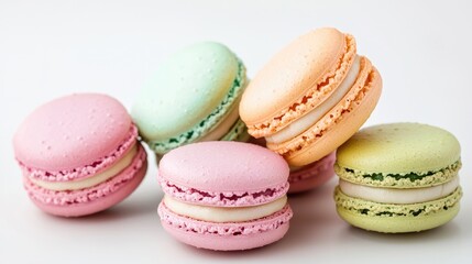 Obraz premium Colorful pastel macarons with creamy filling, stacked on white background.
