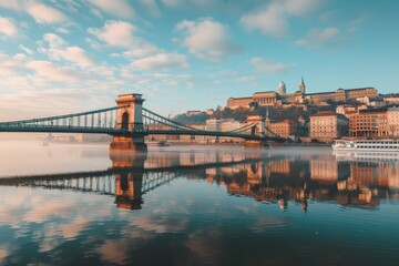 Naklejka premium The Chain Bridge stands majestically in Budapest, surrounded by morning mist as its reflection glistens in the calm waters of the Danube River.
