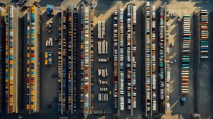 Obraz premium Aerial view of large distribution center, rows of shelves, organized logistics.