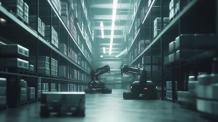 Obraz premium Automated warehouse robots moving goods, futuristic logistics, smooth operation.