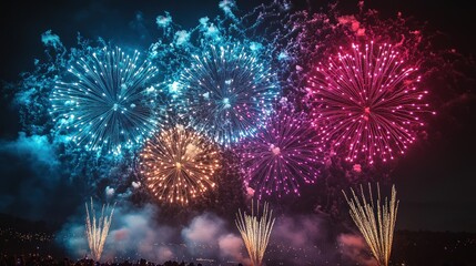 Fototapeta premium Colorful fireworks illuminate the night sky in a festive display.