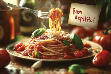 Italian style spaghetti with tomato sauce and basil. A note that reads Buan Appetito 