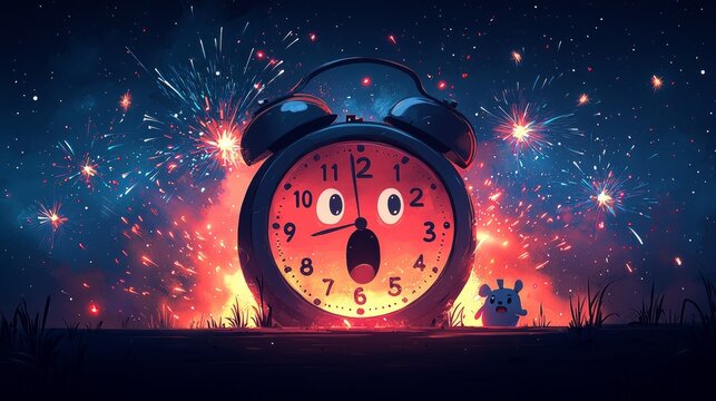 vibrant countdown clock approaches midnight 2024 as surprised character and 2025 joyfully coming forward amidst exploding fireworks. scene energetic and festive.