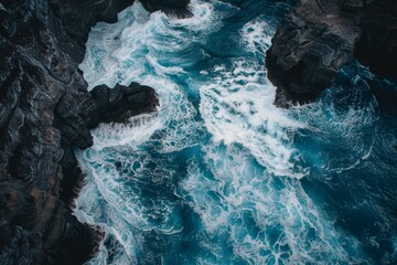 Obraz premium The ocean waves surge powerfully against jagged rocks, creating foam and spray in a picturesque coastal area, revealing natureâ€™s raw beauty under bright daylight.