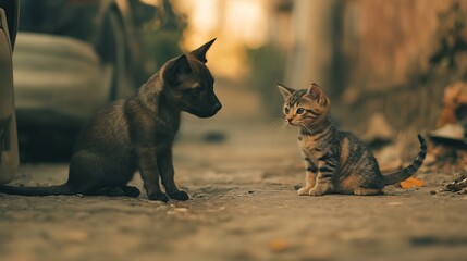 Curious Kitten and Cat Exploring Rustic Outdoor Environment Together