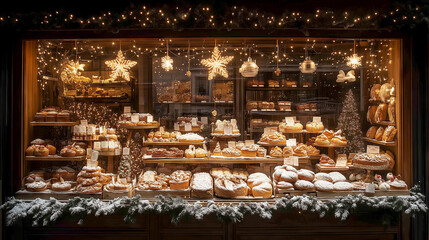 Festive bakery window adorned with holiday treats and lights