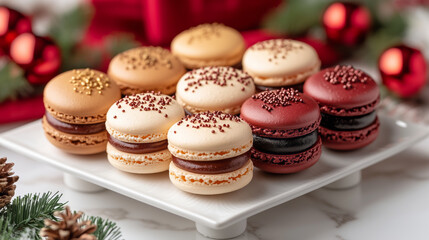 Fototapeta premium Festive macarons arranged on a decorative platter Santa Claus concept