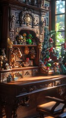 Antique Wooden Desk with Christmas Decorations and Toys