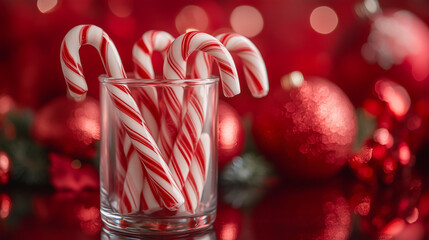 Festive candy canes in a glass with holiday decorations