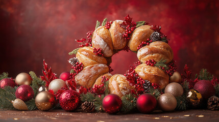 Festive holiday wreath made of sweet bread and ornaments