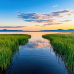 Fototapeta premium Tranquil Sunrise Over Calm Water Surrounded by Lush Green Grass and Reflections, Capturing the Beauty of Nature in a Serene Landscape