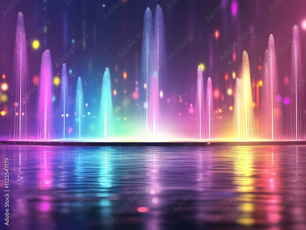 Poster vibrant water fountain light show with colorful streams and reflections on calm water surface in a m