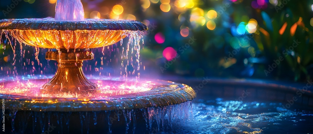 Poster Exquisite Night View of a Glimmering Fountain Surrounded by Softly Blurred Lights and Lush Greenery, Creating a Serene and Enchanting Atmosphere for Peaceful Reflection
