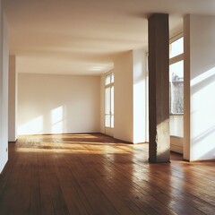 Obraz premium Minimalist Room with Wooden Floor and White Wall Bathed in Natural Sunlight