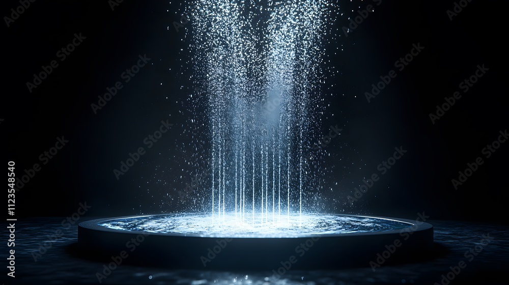 Poster a stunning visual of water fountains emanating light in a dark environment, with sparkling water dro