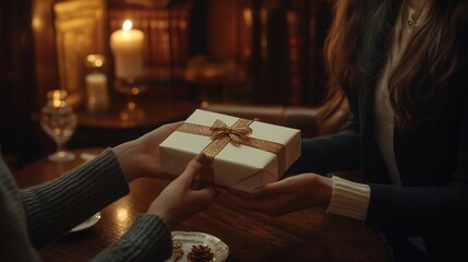 Obraz premium Woman giving a wrapped gift to another woman in a cozy room.