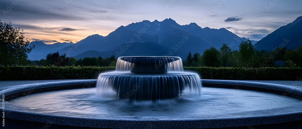 Poster serene water fountain surrounded by majestic mountains at dusk with soft lighting and tranquil atmos