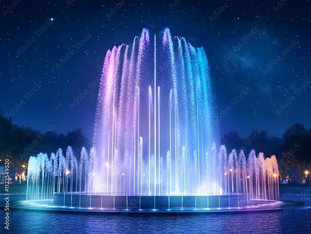 Poster Mesmerizing Nighttime Fountain Display Illuminated with Colorful Lights Against a Starry Sky in a Tranquil Park Setting
