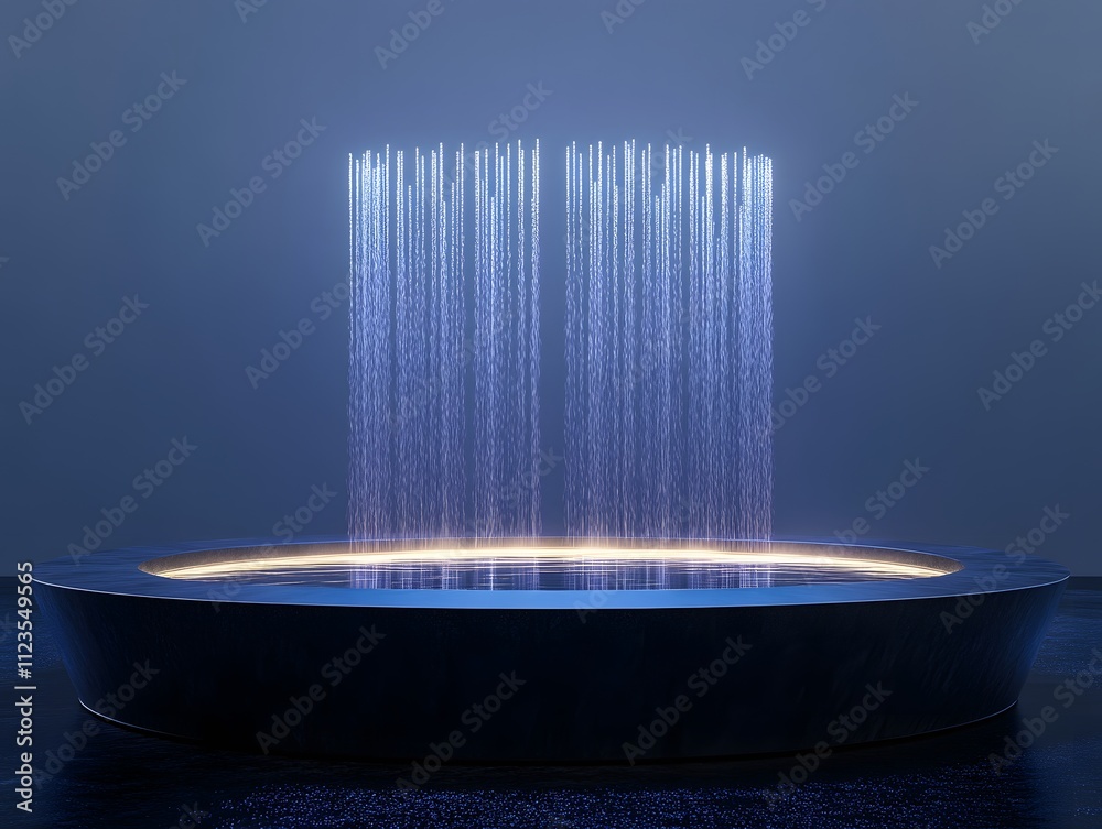 Poster Minimalist water fountain with vertical light beams illuminating the space, creating a serene and modern atmosphere in a dimly lit environment